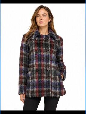WAVERLY GREY Faux Fur Multicolor Plaid Womens Jacket Size M? Double Breasted #W5